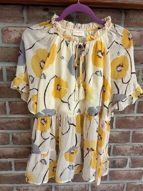 Haley & Co. Cream Floral Tie-Neck Blouse in Yellow & Gray